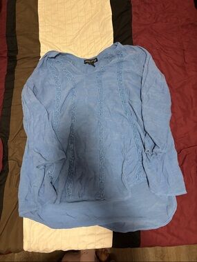 living doll Soft Blue V-Neck Embroidered Blouse